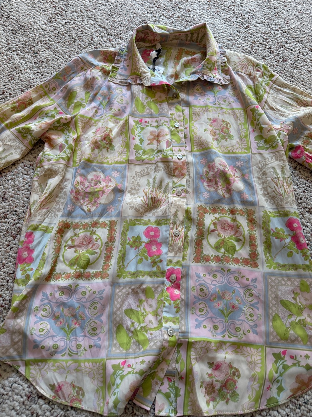 Rose & Olive Floral Patchwork Button-Down Shirt in Pink, Green, Blue, Cream